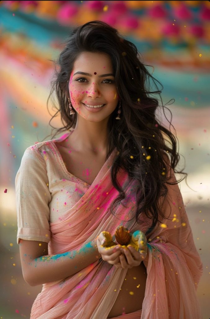 印度女人穿着纱丽脸上涂着五颜六色的粉末