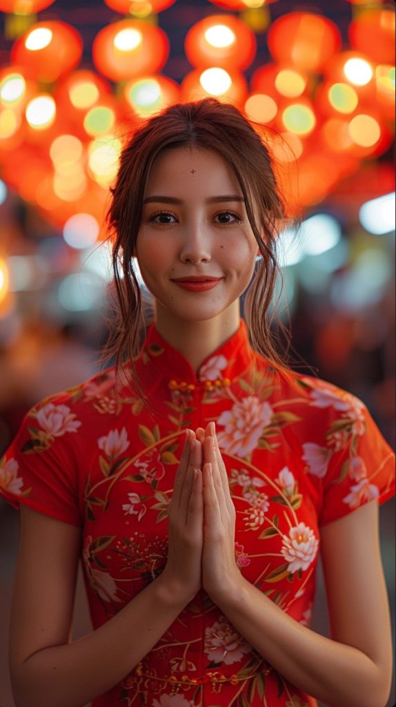 穿着琼瑶服装的中国女人，淡妆，祈祷，模糊的背景