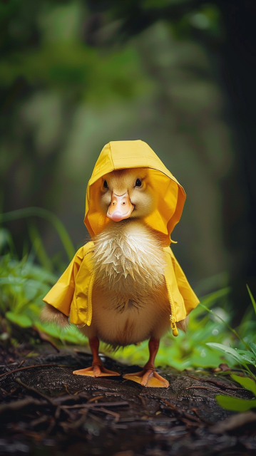 一只穿着黄色雨衣的逼真的小鸭子
