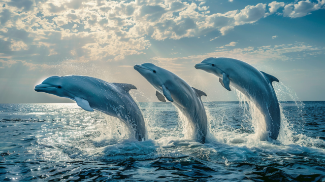 一群白鲸在水域中欢快地跳跃