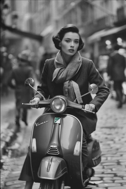 20世纪60年代的女性骑着一辆经典的Vespa踏板车