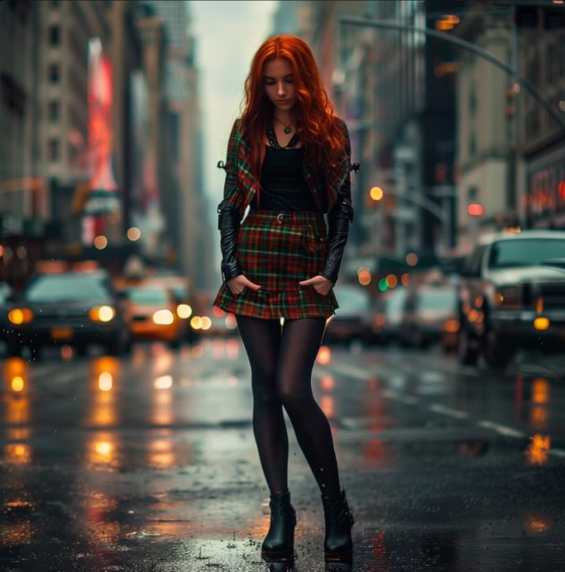 红发女孩穿着格子短裙黑色紧身裤站在街头