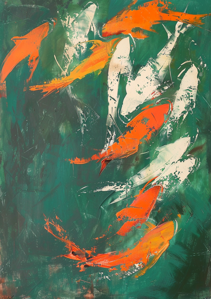 以抽象表现主义的风格用橄榄绿和橙色描绘热带鱼的丙烯画