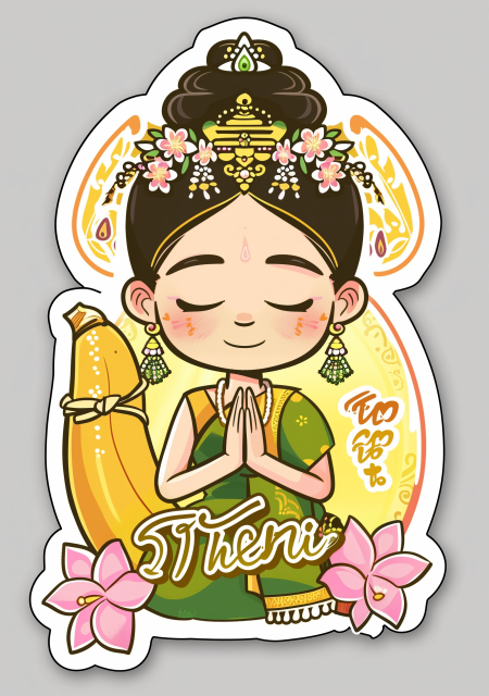 一张泰国女子穿着传统连衣裙做安瓦拉瑜伽姿势的贴纸