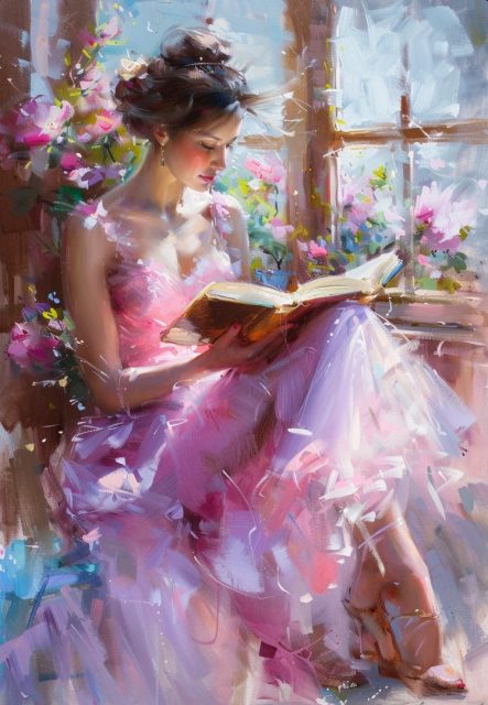 身穿粉色连衣裙的美女在窗边看书