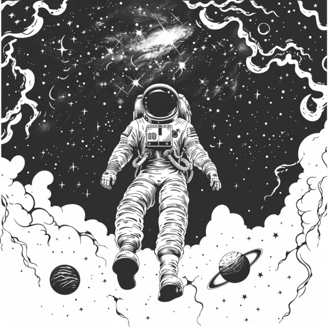 描绘宇航员失重漂浮，周围环绕着恒星、行星或详细的月球表面