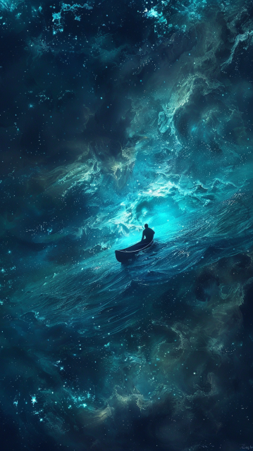 一艘小船漂浮在大海中，周围环绕着蓝色的海水和发光的星星