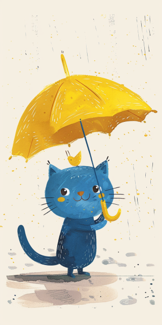 带黄色雨伞的小蓝猫