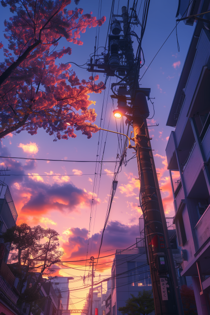 在东京街道上抬头看街杆的视角