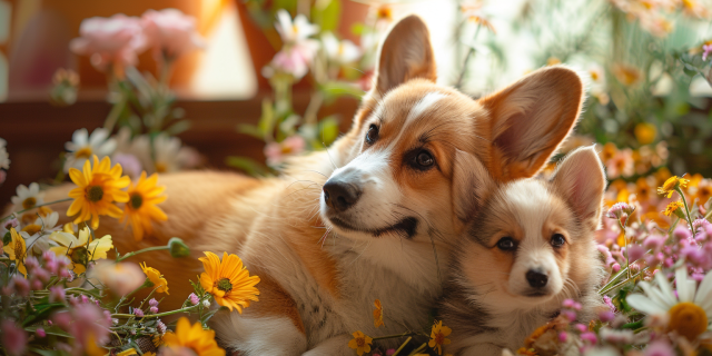 柯基犬妈妈和小狗在母亲节的广告摄影