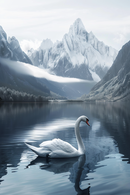 一只天鹅在山前一个安静的湖面上
