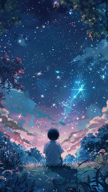夜星天空下的一个平静的男孩