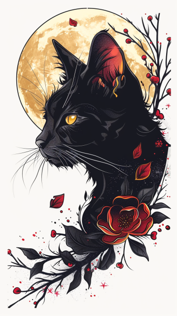 自然生长的黑猫，新传统纹身风格，白色背景