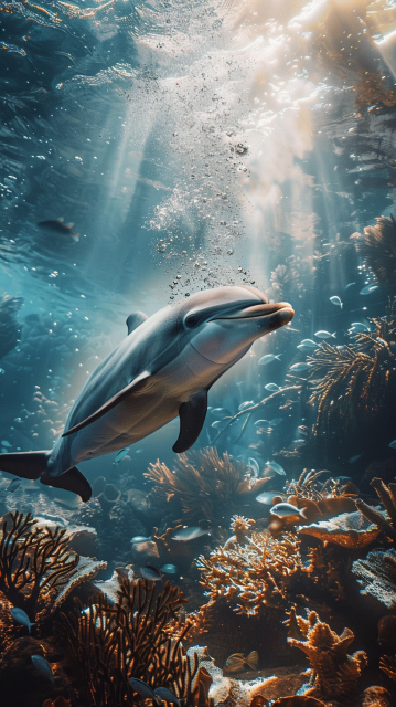 在深水中潜水的一只非常快乐的海豚