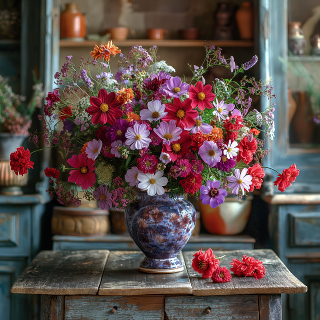 一个中世纪小屋里的旧木桌上放着一个装满鲜艳花朵的复古花瓶
