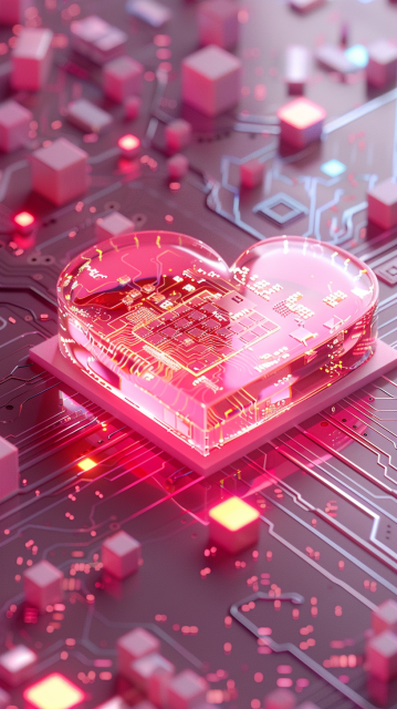 一个心形的计算机芯片，在粉红色的电路板背景上