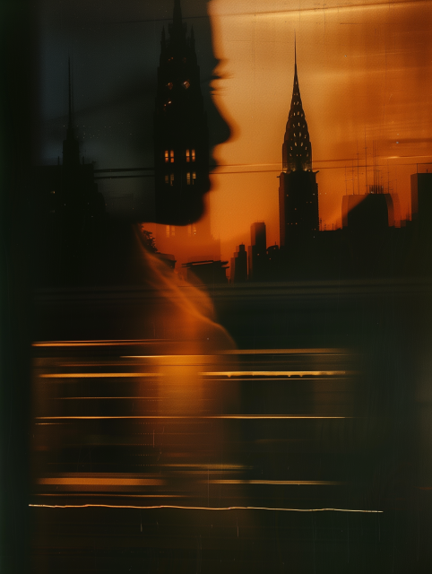 女性的剪影，橙色的灯光在黑暗的背景下与建筑的剪影融为一体