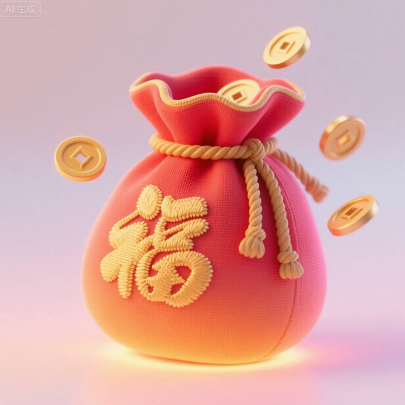 AI生成3D立体中式钱袋金币~附提示词/咒语