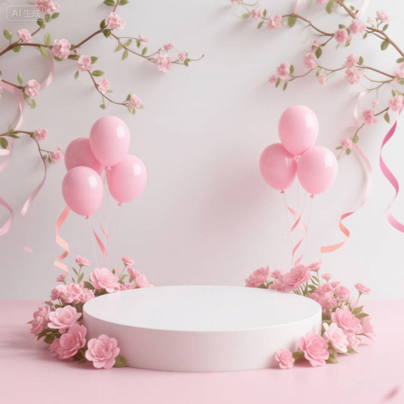 AI生成装饰气球彩带花枝产品展示台场景~附提示词/咒语