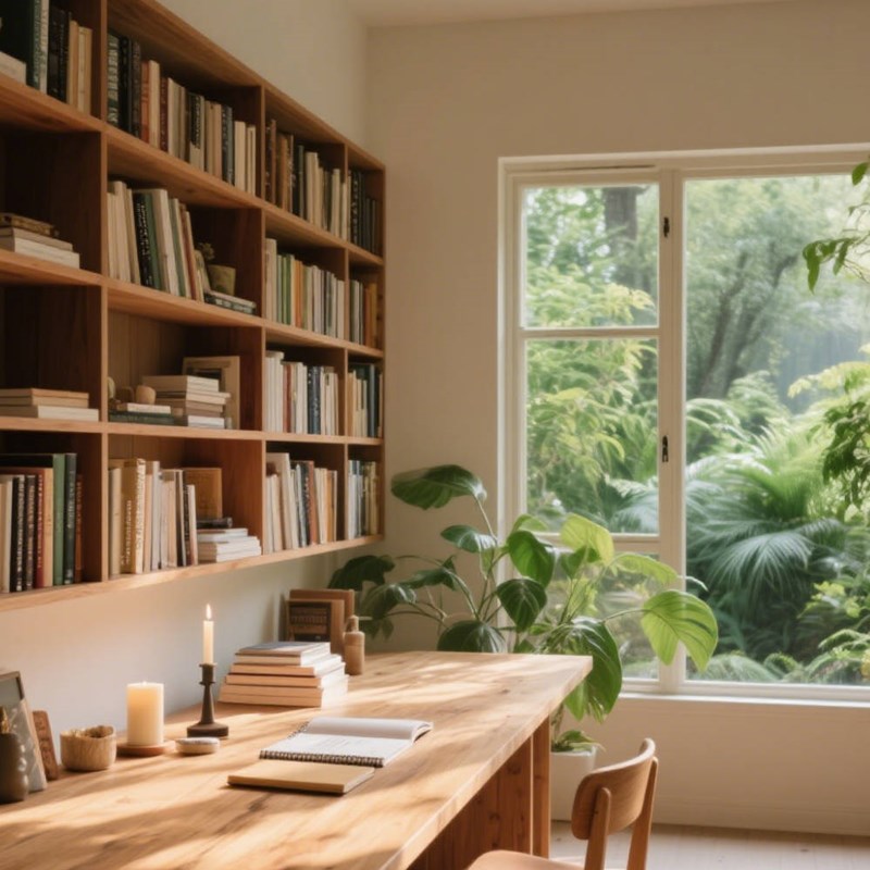 室内书房书桌木桌木椅书架~附提示词/咒语