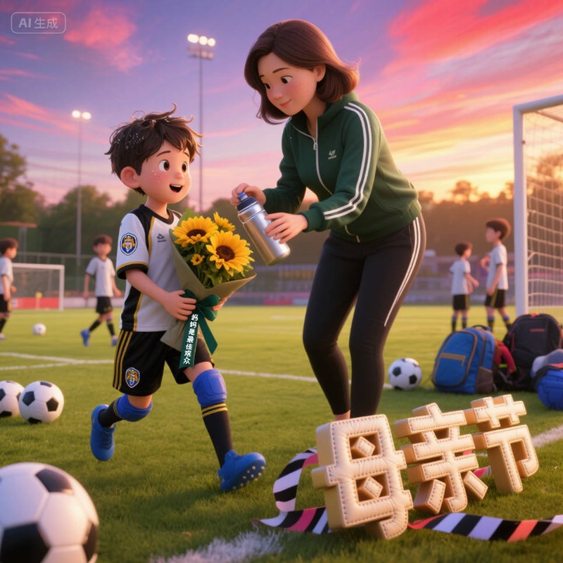 AI生成夕阳足球场边创意3D海报~附提示词/咒语