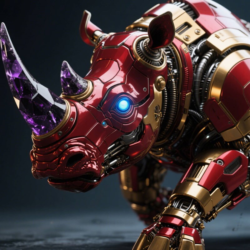 一个钢铁侠一样的机械制作红色与金色金属外壳构成的仿生犀牛~附提示词/咒语