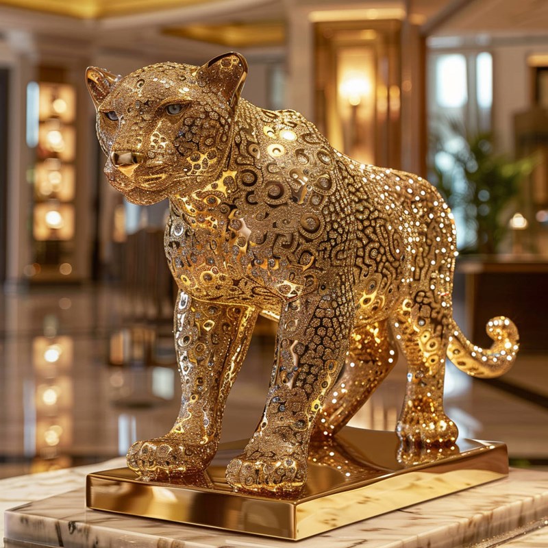 Midjourney镜头下的金豹镶钻雕塑~附咒语