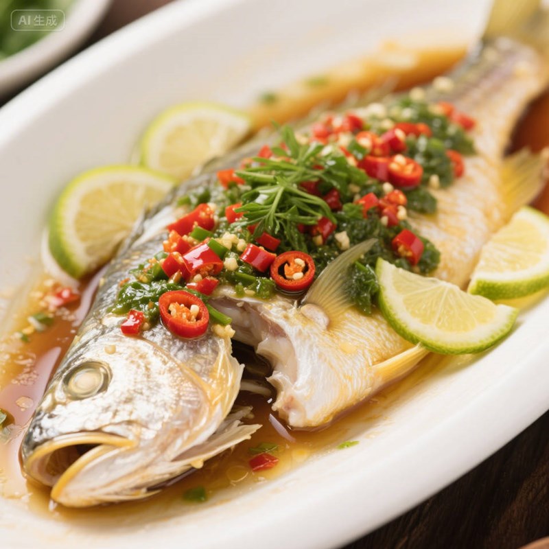AI生成柠香辣蒸鱼美食摄影作品~附提示词/咒语